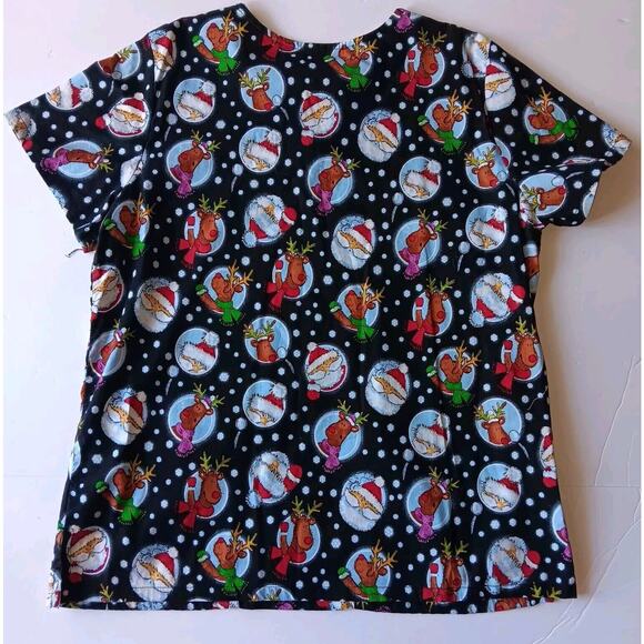 Tafford Christmas Scrub Top Black Women's Santa Claus Reindeers Snow Large - Picture 2 of 10